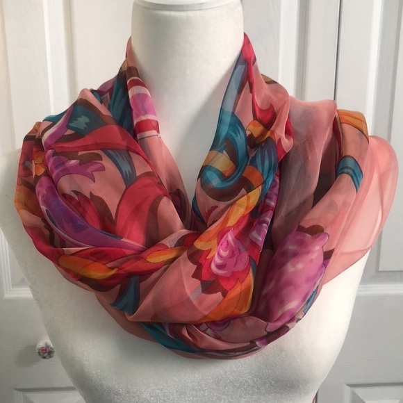 Coral Color Block Print Scarf by Tan's NWT - Picture 1 of 11
